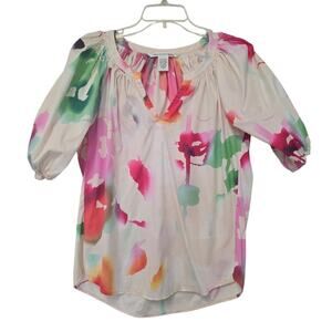 Diane von Furstenberg Keoni Pleated Watercolor Blouse Puff White Pink Size 6